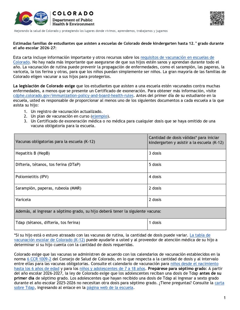 Information on vaccination requirements for Colorado students from kindergarten to 12th grade for the 2026-27 school year.