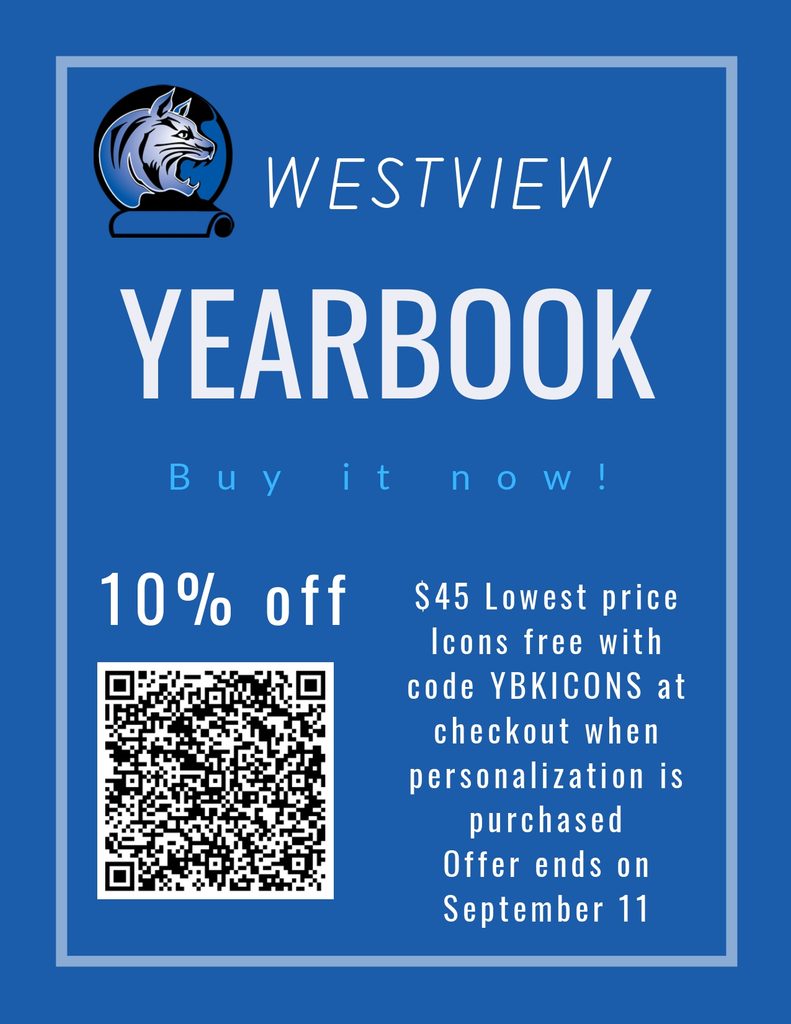 Blue flyer promoting Westview yearbook with 10% off, QR code, and details about personalization offer ending September 11.