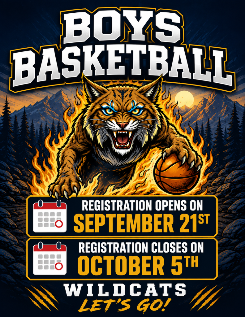 Un Wildcat con un balón de baloncesto en la mano, promocionando la inscripción en el equipo de baloncesto masculino del 21 de septiembre al 5 de octubre.
